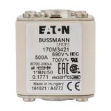 Fuse-link, high speed, 500 A, AC 690 V, compact size 1, 45 x 59 x 51 mm, aR, IEC, UL, single indicator