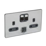 Synergy Sleek 2 Gang 13A Single Pole Switched Socket Outlet with USB Type-A and Type-C 3A Chargers Polished Stainless Steel