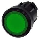 Illuminated pushbutton, 22 mm, round, plastic, green, pushbutton, flat, latching, Push-to-release mechanism, with laser labeling, upper case