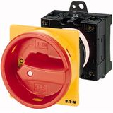 Main switch, T0, 20 A, rear mounting, 3 contact unit(s), 6 pole, Emergency switching off function, With red rotary handle and yellow locking ring, Loc