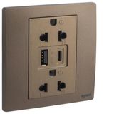 Mallia Senses - 1 gang EURO/US socket outlet - 16A - 2 x 2 Poles + Earth - with 3000mA A and C types USB chargers - Dark Bronze