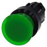 Illuminated mushroom pushbutton, 22 mm, round, plastic, green, 30 mm, momentary contact type, with laser labeling, upper case