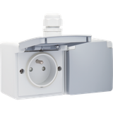 Splashproof double horizontal wall socket with pin earthing, shutters and plug-in terminals; includes surface-mounting box with one input on the upper side, grey