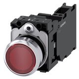 Illuminated pushbutton, 22 mm, round, metal, shiny, red, pushbutton, flat, momentary contact type, with holder, 1 NO+1 NC, LED module with integrated  3SU1152-0AB20-3FA0-Z Y15