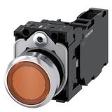 Illuminated pushbutton, 22 mm, round, metal, shiny, amber, pushbutton, flat, momentary contact type, with holder, 1 NO+1 NC, LED module with integrated  3SU1152-0AB00-1FA0-Z Y19