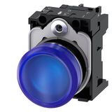 Indicator lights, 22 mm, round, metal, shiny, blue, lens, smooth, with holder, LED module  3SU1152-6AA50-1AA0-Z Y11