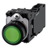 Illuminated pushbutton, 22 mm, round, plastic, green, pushbutton, flat, momentary contact type, with holder, 1 NO+1 NC, LED  3SU1102-0AB40-1FA0-Z Y13