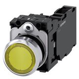 Illuminated pushbutton, 22 mm, round, metal, shiny, yellow, pushbutton, flat, momentary contact type, with holder, 1 NO+1 NC, LED module with integrated  3SU1153-0AB30-1FA0-Z Y19