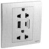 281204BA Mallia Senses 1 gang EURO/US socket outlet - 16A - 2 x 2 Poles + Earth - with 3000mA A and C types USB chargers -white