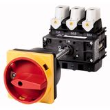 Main switch, P5, 160 A, rear mounting, 3 pole + N, Emergency switching off function, With red rotary handle and yellow locking ring, Lockable in the 0