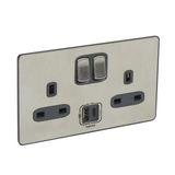 Sinergy Sleek 2 gang switched single pole BS socket outlet 13A + USB chargers Type A&C Brushed Stainless steel