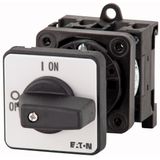 On-Off switch, P1, 25 A, rear mounting, 3 pole, 2 N/O, 2 N/C, STOP function, with black thumb grip and front plate