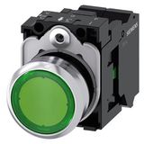 Illuminated pushbutton, 22 mm, round, metal, shiny, green, pushbutton, flat, momentary contact type, with holder,  3SU1152-0AB40-3BA0-Z Y11