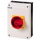 Main switch, T5B, 63 A, surface mounting, 4 contact unit(s), 7-pole, Emergency switching off function, With red rotary handle and yellow locking ring