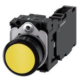 Pushbutton, 22 mm, round, plastic, yellow, pushbutton, flat, momentary contact type, with holder 1 NO+1 NC,  3SU1100-0AB30-1FA0-Z Y10