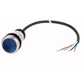 Illuminated pushbutton actuator, Flat, momentary, 1 N/O, Cable (black) with non-terminated end, 4 pole, 1 m, LED Blue, Blue, Blank, 24 V AC/DC, Bezel: