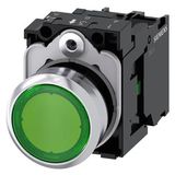 Illuminated pushbutton, 22 mm, round, metal, shiny, green, pushbutton, flat, momentary contact type, with holder, 1NO, LED module with integrated  3SU1153-0AB40-1BA0-Z Y19