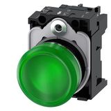 Indicator lights, 22 mm, round, metal, shiny, green, lens, smooth, with holder, LED  3SU1153-6AA40-1AA0-Z Y11