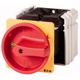 Main switch, T5, 100 A, rear mounting, 3 contact unit(s), 3 pole + N, 1 N/O, 1 N/C, Emergency switching off function, With red rotary handle and yello