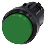 Pushbutton, 22 mm, round, plastic, green, pushbutton, raised, momentary contact type, with laser labeling, upper case