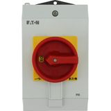 Main switch, P1, 40 A, surface mounting, 3 pole, Emergency switching off function, With red rotary handle and yellow locking ring, Lockable in the 0 (