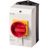 Main switch, P1, 25 A, surface mounting, 3 pole, Emergency switching off function, With red rotary handle and yellow locking ring, UL/CSA