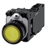 Illuminated pushbutton, 22 mm, round, plastic, yellow, pushbutton, flat, momentary contact type, with holder,  3SU1106-0AB30-1FA0-Z Y11