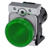 Indicator lights, compact, 22 mm, round, metal, green, lens, smooth,  3SU1251-6AF40-1AA0