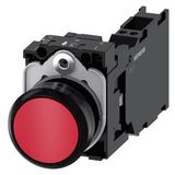 Pushbutton, 22 mm, round, plastic, red, pushbutton, flat, momentary contact type, with holder 1 NO+1  3SU1100-0AB20-3FA0-Z Y13