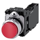 Pushbutton, 22 mm, round, metal, shiny, red, pushbutton, raised, momentary contact type, with holder, 1 NO+1 NC, screw  3SU1150-0BB20-1FA0-Z Y19