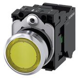 Illuminated pushbutton, 22 mm, round, metal, shiny, yellow, pushbutton, flat, momentary contact type, with holder, 1NO, LED module with integrated  3SU1153-0AB30-3BA0-Z Y15