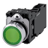 Illuminated pushbutton, 22 mm, round, metal, shiny, green, pushbutton, flat, momentary contact type, with holder,  3SU1152-0AB40-1FA0-Z Y11