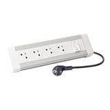 Desk unit with 3m cord and 2P+E plug equipped with 4 2P+E Surface sockets and 1 lighted switch