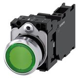 Illuminated pushbutton, 22 mm, round, Metal, shiny, green, pushbutton, flat, momentary contact type, with holder, 1 NO+1 NC, LED  3SU1156-0AB40-3FA0-Z Y13