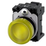 Indicator lights, 22 mm, round, metal, shiny, yellow, lens, smooth, with holder, LED module with integrated LED 110 V AC,  3SU1153-6AA30-3AA0-Z Y15