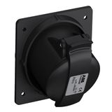 Black Socket-outlet, panel mounting, earthing sleeve position 6h, rated current 16A, IP44 splashproof, minimized flange, angled, 2-poles+earth, frequency 50-60 Hz, color code Blue