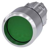 Pushbutton, 22 mm, round, metal, shiny, green, Front ring, high, momentary contact type, with laser labeling, lower case