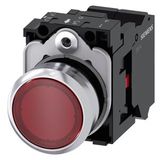 Illuminated pushbutton, 22 mm, round, Metal, shiny, red, pushbutton, flat, momentary contact type, with holder, 1 NC, LED module with  3SU1156-0AB20-3CA0-Z Y10