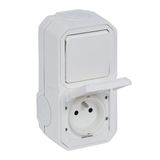 Plexo Standard Franco-Belgian power socket 16A 250V + 10AX two-way switch - Complete surface - White - IP55 - IK08