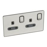 Synergy Sleek 2 Gang 13A Double Pole Switched Socket Outlet Brushed Stainless Steel