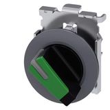 Selector switch, illuminable, 30 mm, round, Metal, matte, green, selector switch, short, front ring for flush installation,  3SU1062-2DF40-0AA0-Z Y11