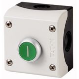 Pushbutton, RMQ-Titan, Enclosure, momentary, 1 NC, 1 N/O, green, inscribed, Bezel: titanium