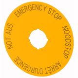 Label, emergency switching off, yellow, D=90mm, 4 languages, DE, EN, NLNL, FR