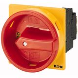 Main switch, P1, 25 A, flush mounting, 3 pole + N, 1 N/O, 1 N/C, Emergency switching off function, With red rotary handle and yellow locking ring, Loc