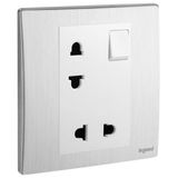 Mallia Senses - 1 gang EURO/US switched socket outlet - 16A - 2 x 2 poles - Brushed Aluminium