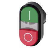 Illuminated twin pushbutton, 22 mm, round, plastic, green: I, red: O, pushbuttons, flat and raised, Z=50-unit packaging