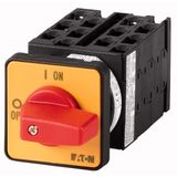 On-Off switch, T0, 20 A, flush mounting, 6 contact unit(s), 9-pole, 2 N/O, 1 N/C, Emergency switching off function, with red thumb grip and yellow fro