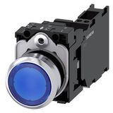 Illuminated pushbutton, 22 mm, round, metal, shiny, blue, pushbutton, flat, momentary contact type, with holder, 1 NO+1 NC, LED module with integrated  3SU1153-0AB50-3FA0-Z Y19