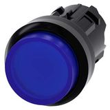 Illuminated pushbutton, 22 mm, round, plastic, blue, pushbutton, raised momentary contact type, with laser labeling, lower case