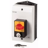 Panic switches, P1, 25 A, surface mounting, 3 pole, with red thumb grip and yellow front plate, Cylinder lock SVA